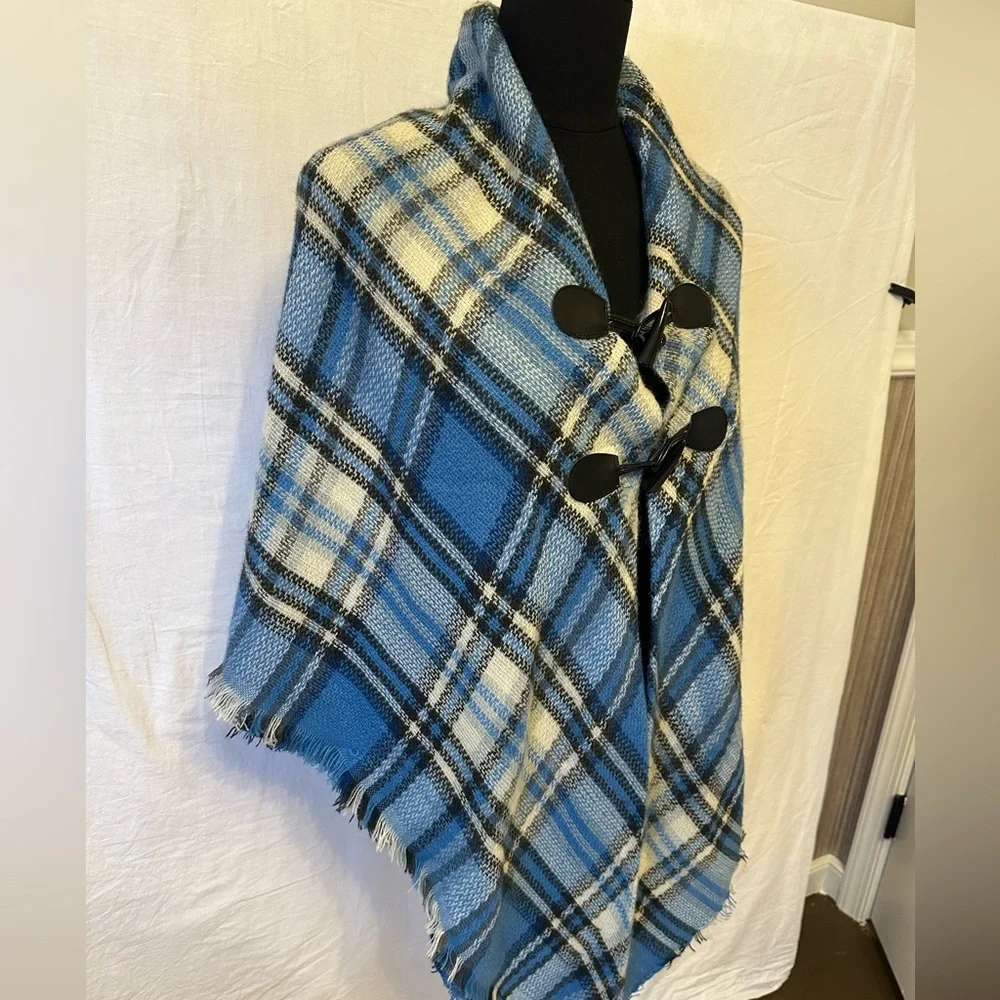 Blue Plaid Toggle Poncho Cape Fringe Hem Cozy Blanket Wrap Shawl OS